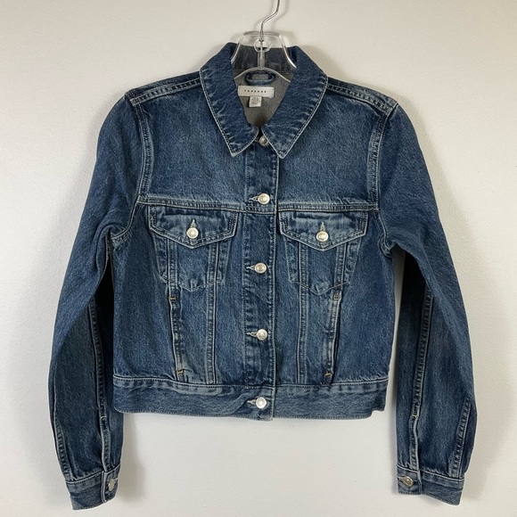 Topshop Women's Medium Wash Blue Denim Trucker Cropped Western Jacket Pockets 4 - Picture 1 of 9
